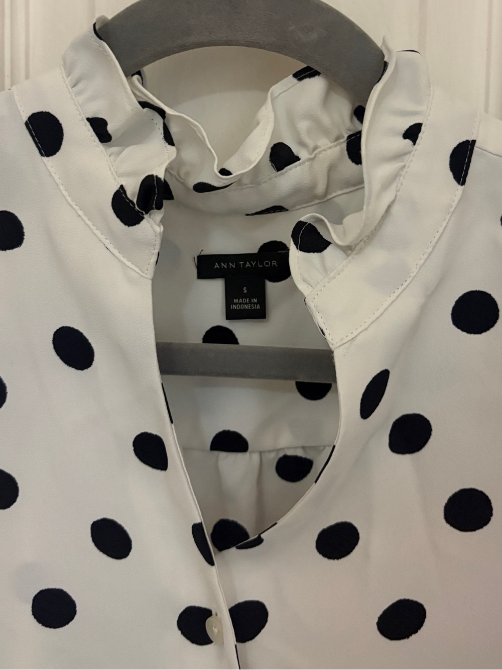 Ann Taylor Polka Dotted Stand Up Collar Ruffle Sleeve Top - Picture 6 of 10